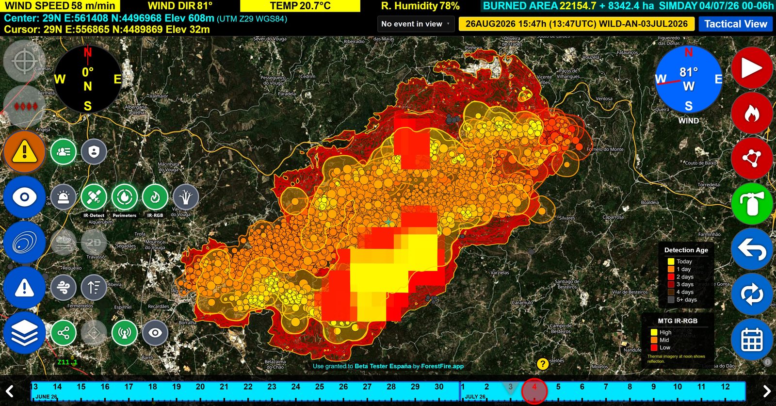 Pantalla operativa de Wildcaster: nowcast del incendio, detecciones e impacto en un mismo mapa