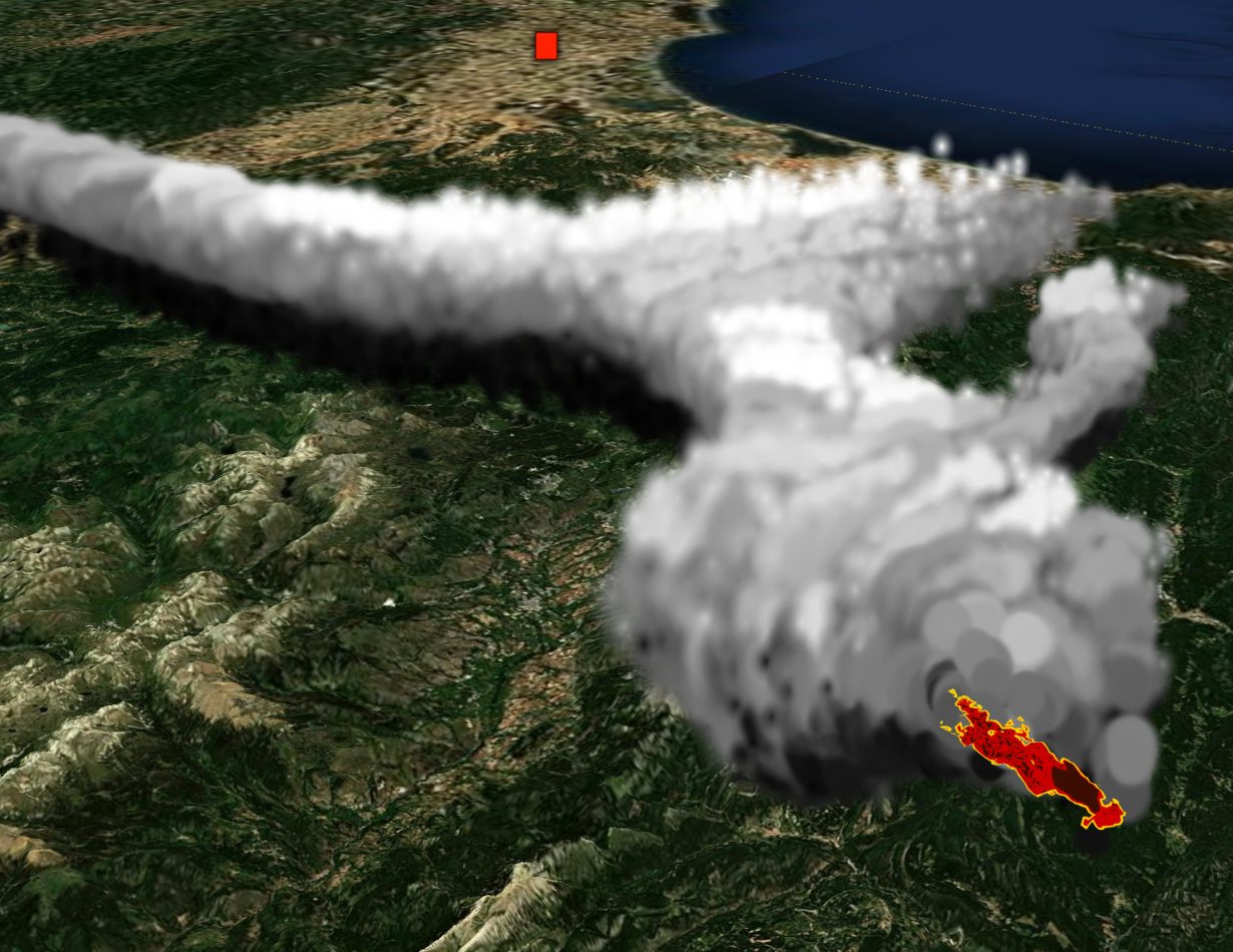 Pluma de humo tridimensional sobre el paisaje real