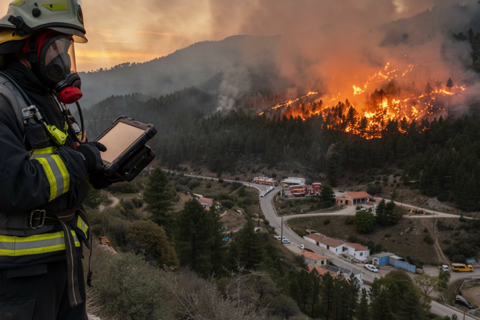 Un bombero con equipo de respiración consulta Wildcaster en una tableta robusta mientras un incendio de copas recorre la ladera sobre un núcleo habitado